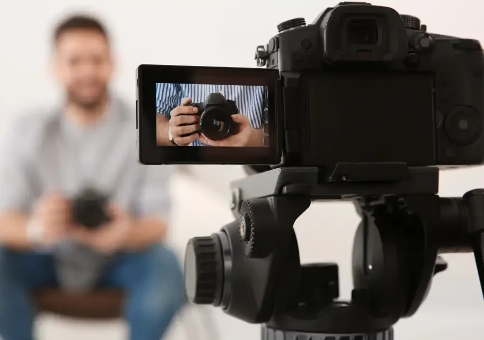 Internet oglašavanje fotografija mladog blogera s kamerom koja snima video u zatvorenom prostoru, fokus na ekranu
