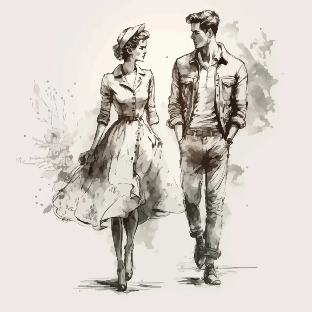 Valentinstag-Vektor-Schwarz-Weiß-Illustration eines Paares im Aquarell- und Skizzenstil
