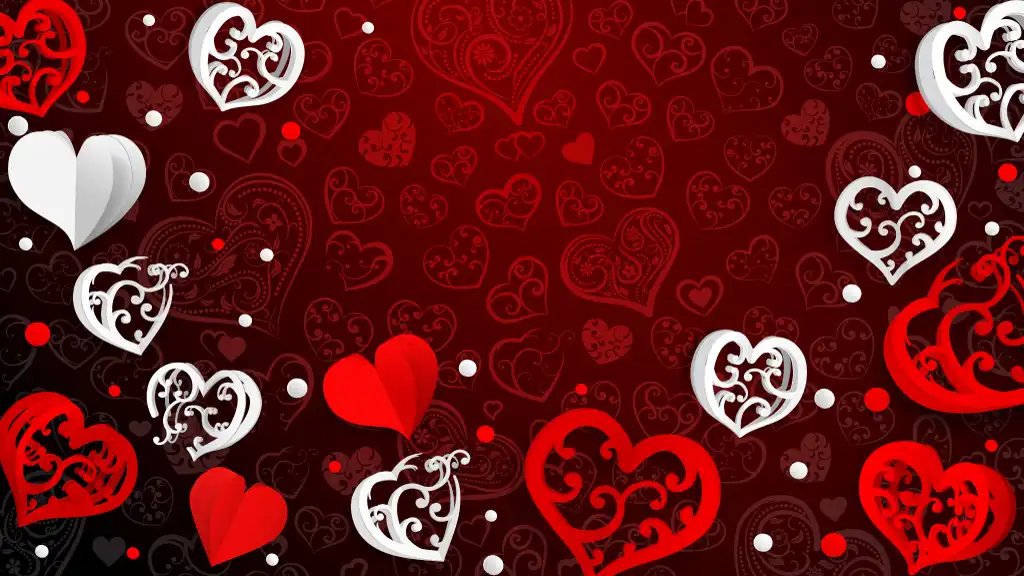 Valentine vector background with paper volume hearts with curls and confetti red white on burgundy